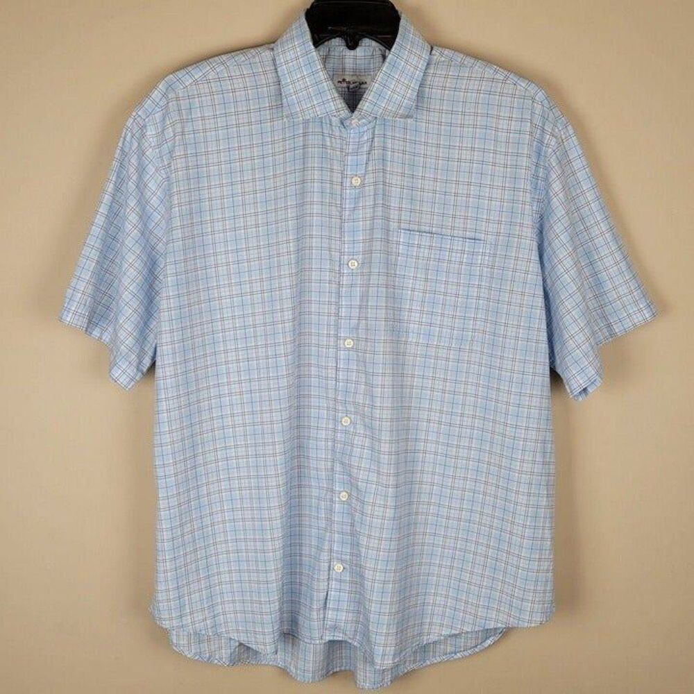 Peter Millar Size XXL Plaid Short Sleeve Button Up Shirt Baby Blue - Picture 2 of 12